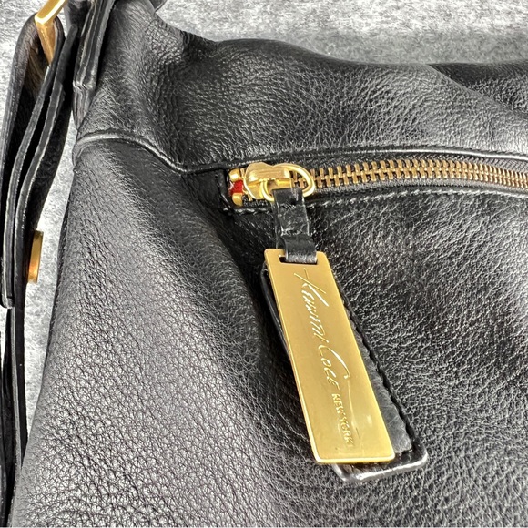 Large Black Leather Crossbody Kenneth Cole New York Fold Over Messenger Bag Sack - Picture 9 of 17